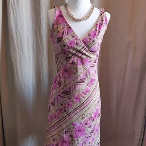 90s Crosover Neckline Midi Dress Print Graphic Pink & Tan Pastel Shift